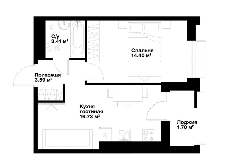 Квартира 1 комната 40 м² Ташкент, Узбекистан