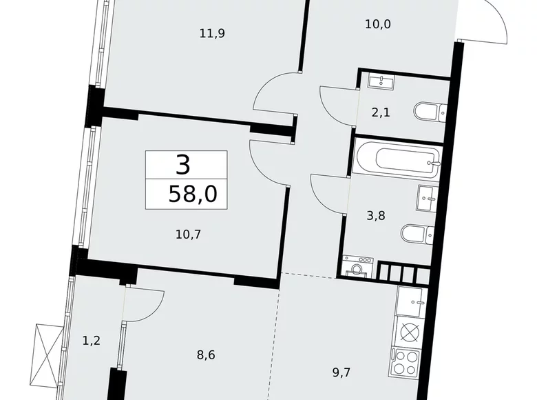 Apartamento 3 habitaciones 58 m² poselenie Desenovskoe, Rusia