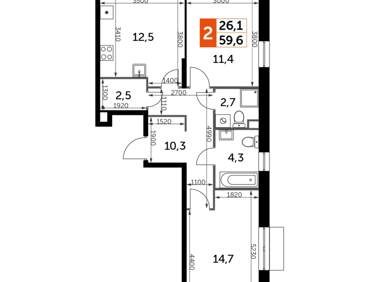 2 room apartment 60 m² Borodino, Russia