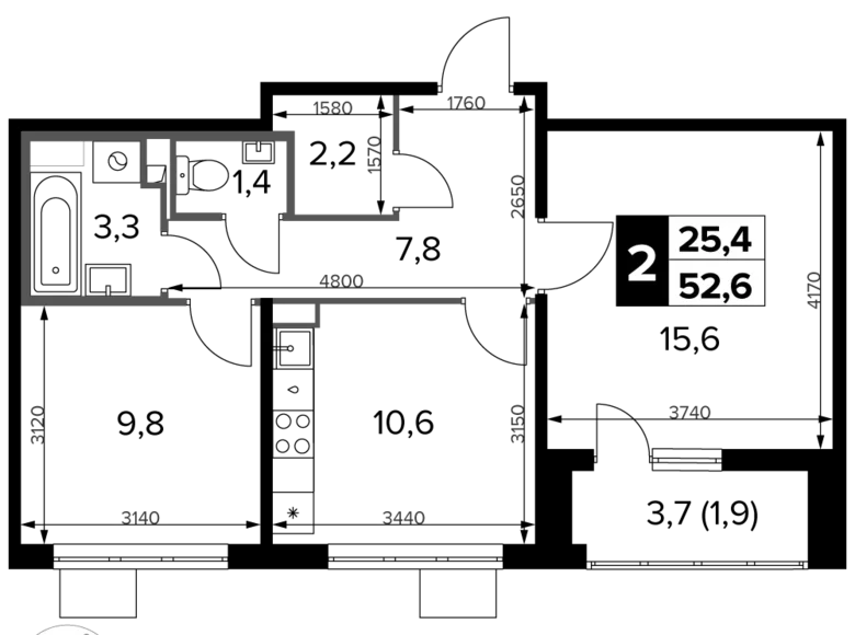 2 room apartment 53 m² Potapovo, Russia