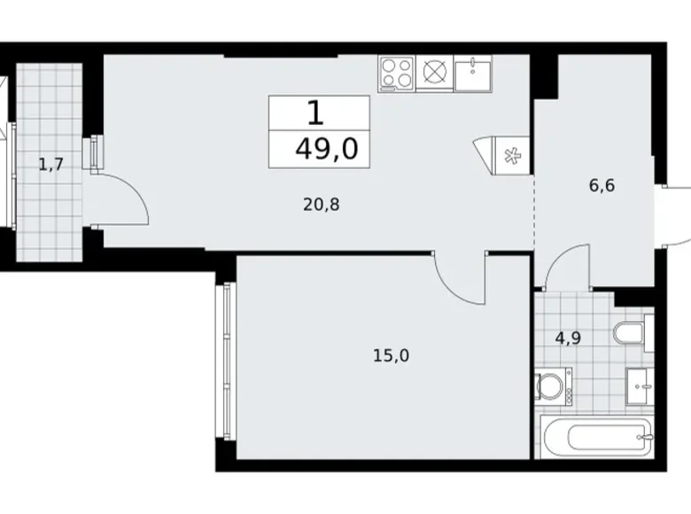 1 room apartment 49 m² Troitsk, Russia