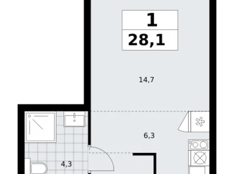 1 room apartment 28 m² Troitsk, Russia