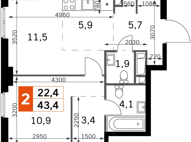 Квартира 2 комнаты 43 м² Северо-Западный административный округ, Россия