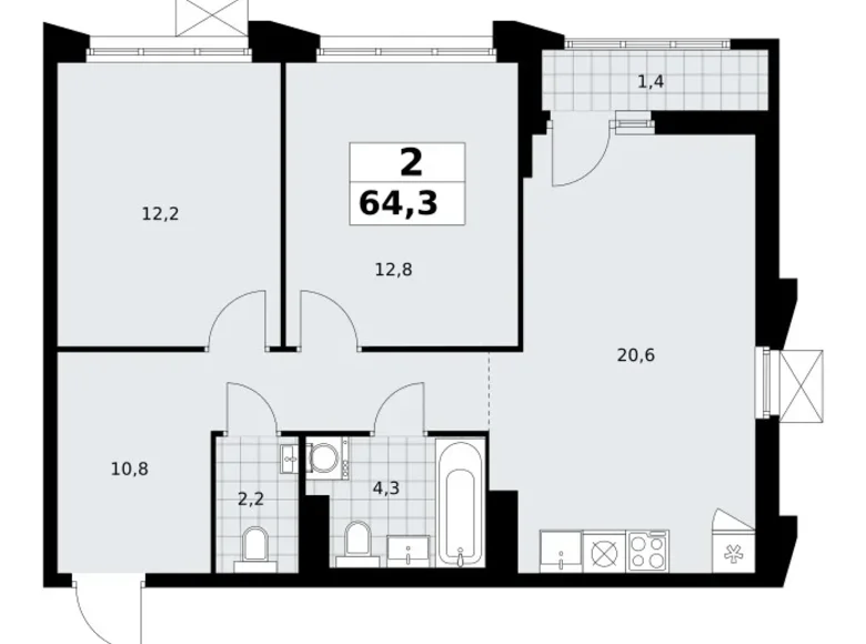 Appartement 2 chambres 64 m² Troïtsk, Russie