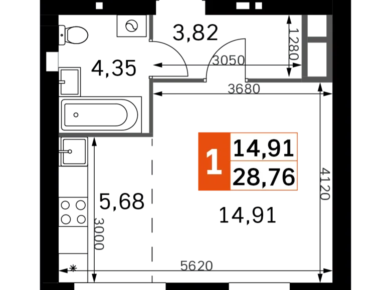 1 room apartment 29 m² Odincovskiy gorodskoy okrug, Russia