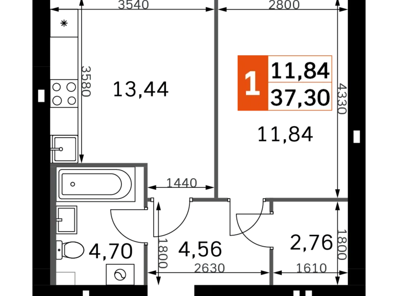 Квартира 1 комната 37 м² Одинцовский городской округ, Россия