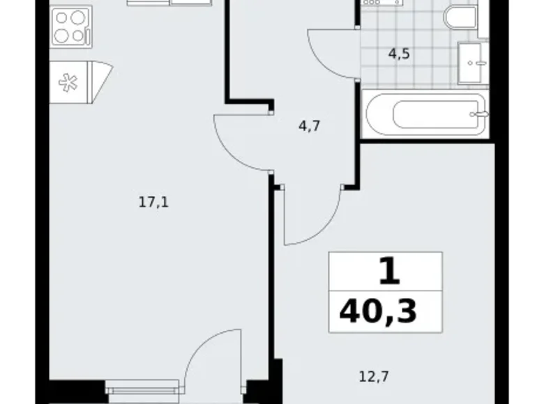 Квартира 1 комната 40 м² район Троицк, Россия
