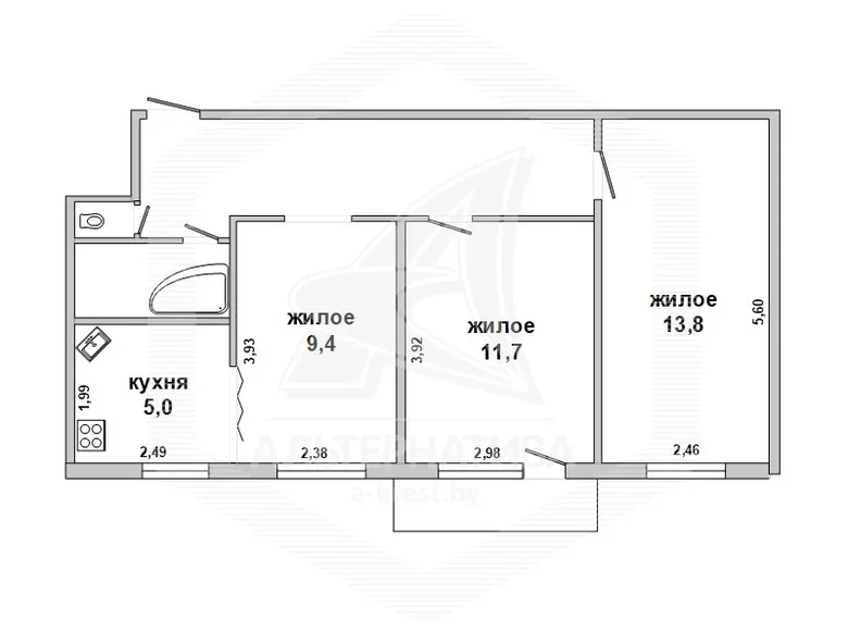 Mieszkanie 3 pokoi 55 m² Brześć, Białoruś