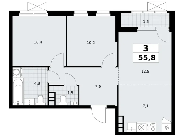 3 room apartment 56 m² South-Western Administrative Okrug, Russia