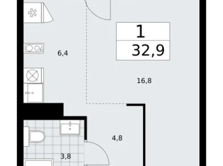 1 room apartment 33 m² Troitsk, Russia