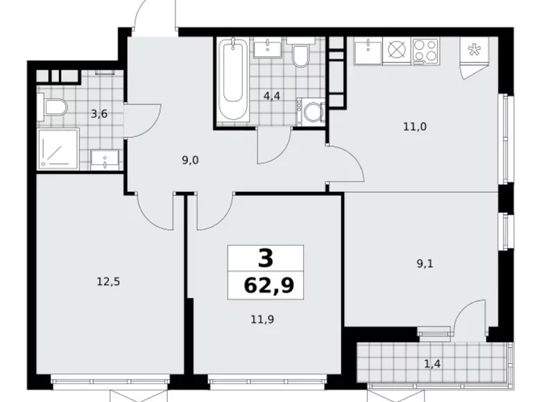 3 room apartment 63 m² Moscow, Russia