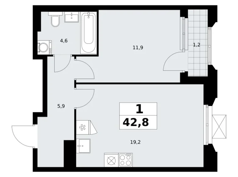 Квартира 1 комната 43 м² район Троицк, Россия