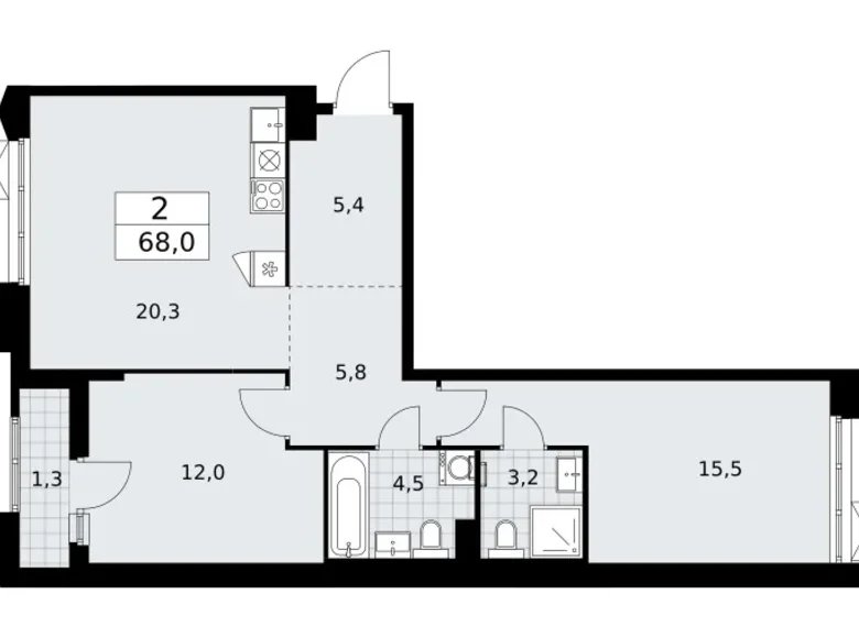 2 room apartment 68 m² Troitsk, Russia