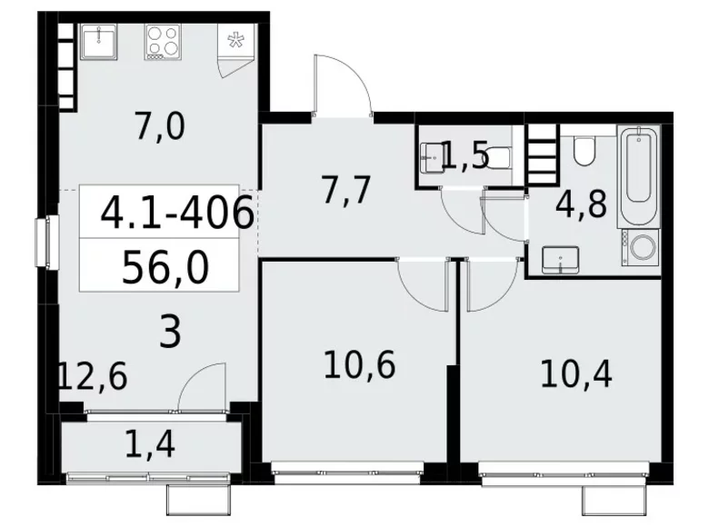 3 room apartment 56 m² South-Western Administrative Okrug, Russia