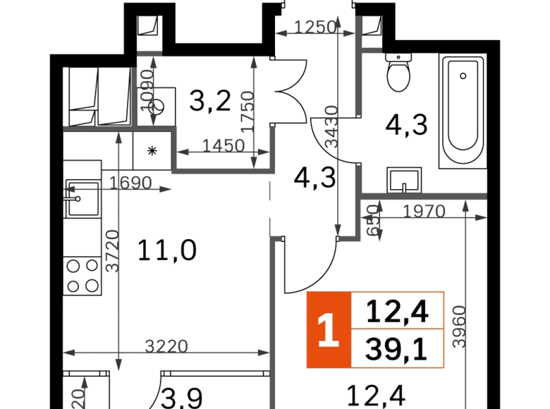 1 room apartment 39 m² North-Western Administrative Okrug, Russia