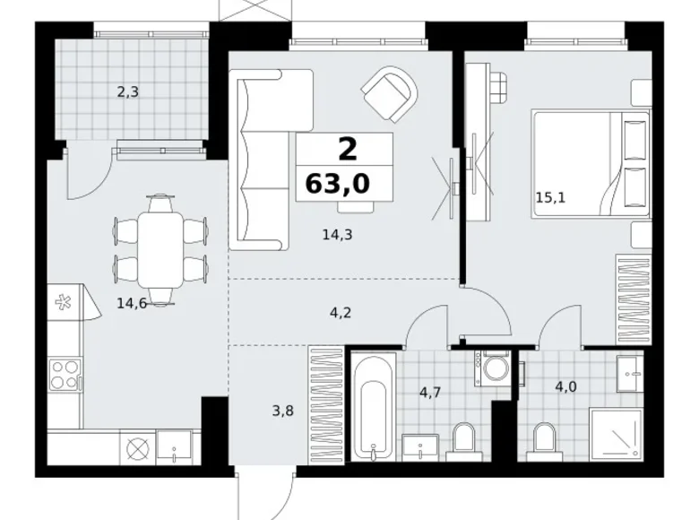 2 room apartment 63 m² Kommunarka, Russia