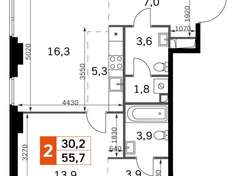 Mieszkanie 2 pokoi 56 m² North-Western Administrative Okrug, Rosja