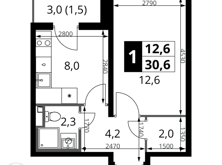 1 room apartment 31 m² Potapovo, Russia