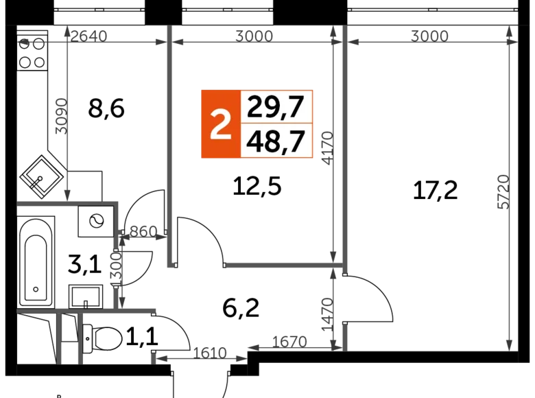 Mieszkanie 2 pokoi 49 m² Veshki, Rosja