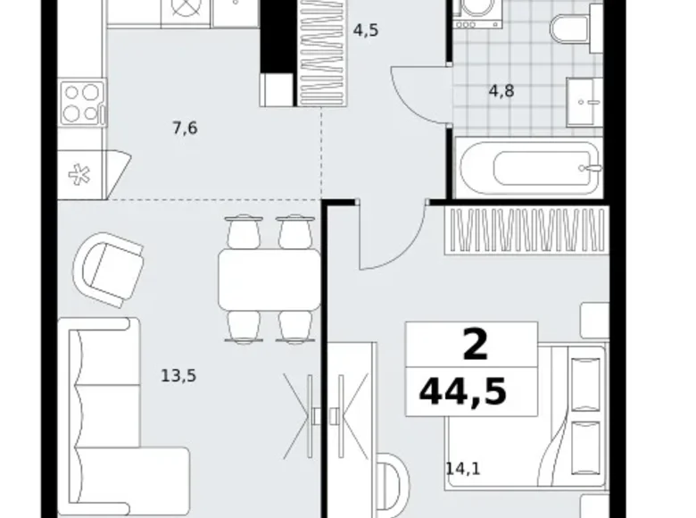2 room apartment 45 m² Kommunarka, Russia