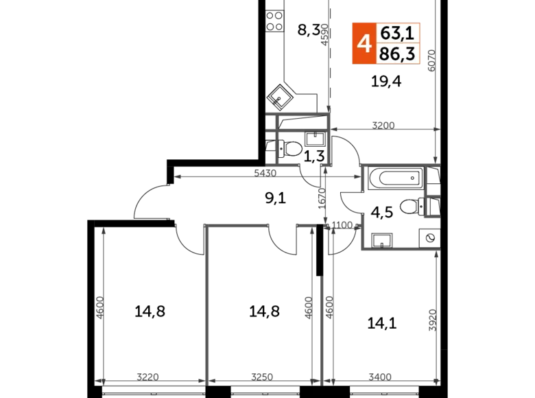 Квартира 4 комнаты 86 м² Veshki, Россия