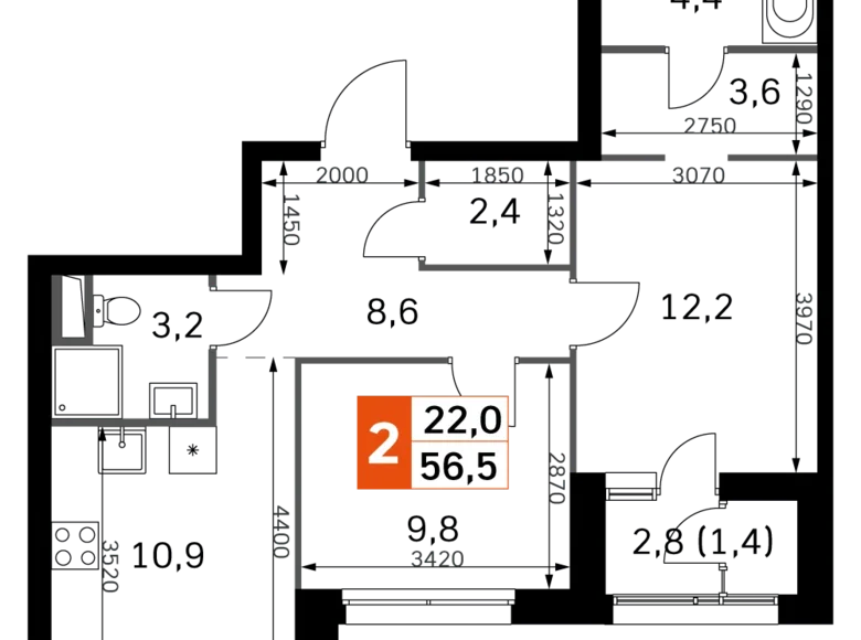 Квартира 2 комнаты 56 м² Москва, Россия