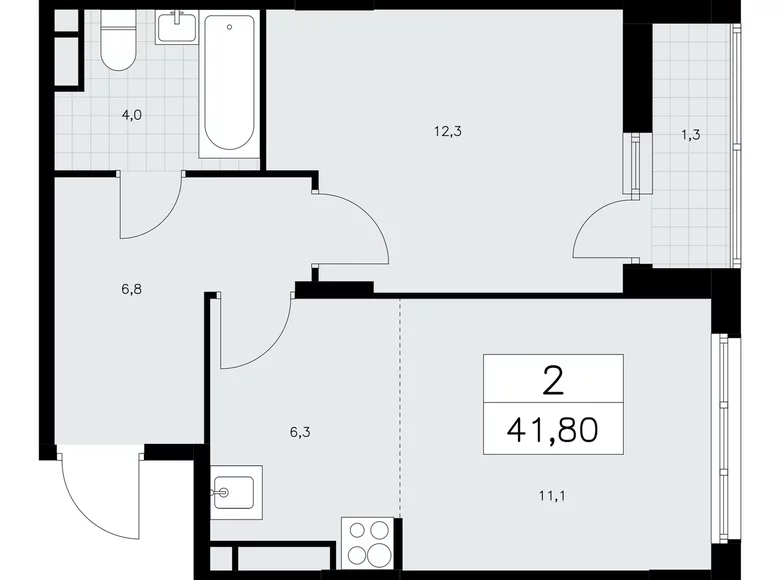 2 room apartment 42 m² Moscow, Russia