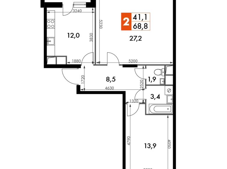 2 room apartment 69 m² Razvilka, Russia