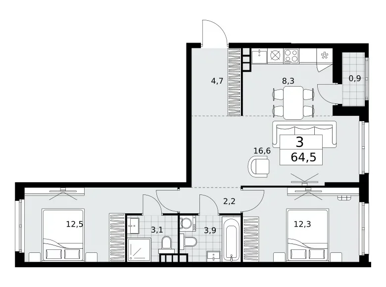 Mieszkanie 3 pokoi 65 m² poselenie Sosenskoe, Rosja