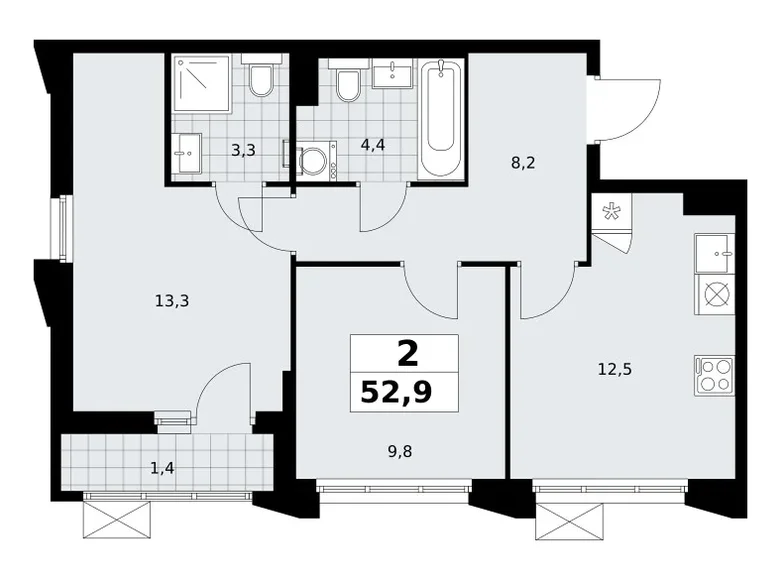 Mieszkanie 2 pokoi 53 m² Troick, Rosja