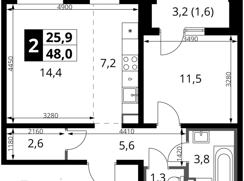 2 room apartment 48 m² Leninsky District, Russia