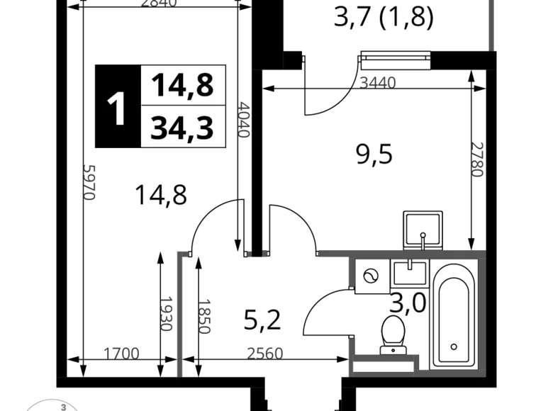 1 room apartment 34 m² Potapovo, Russia