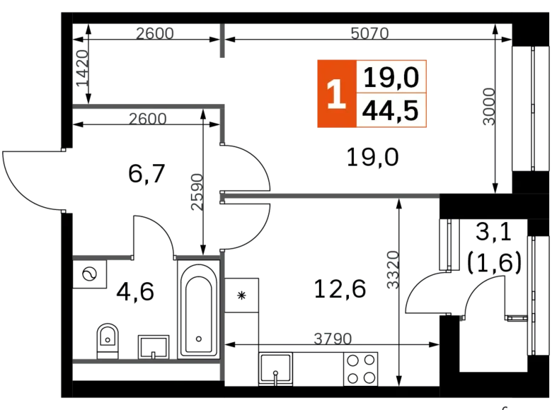 Квартира 1 комната 45 м² Москва, Россия