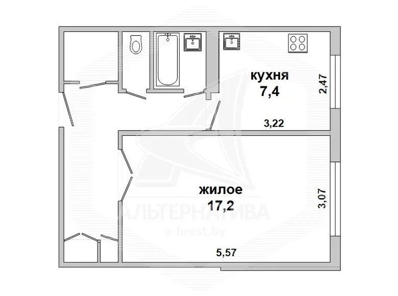 Mieszkanie 1 pokój 37 m² Brześć, Białoruś