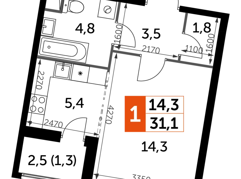 Студия 1 комната 31 м² Развилка, Россия