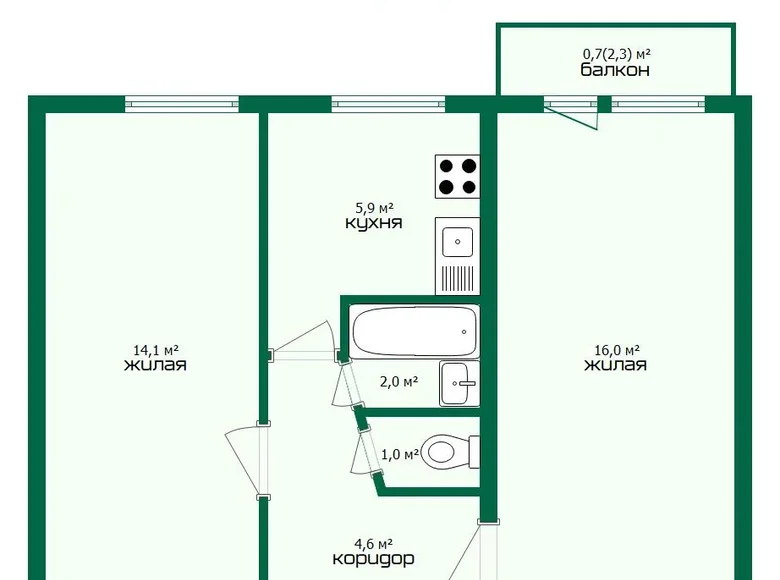 2 room apartment 44 m² Baranavichy, Belarus