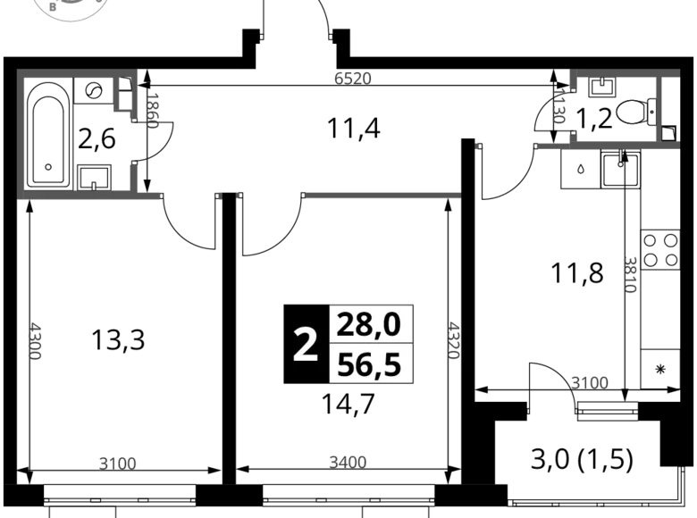 2 room apartment 57 m² Potapovo, Russia