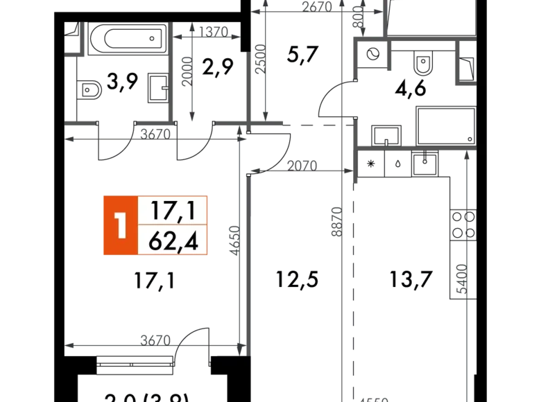 Квартира 2 комнаты 62 м² Северо-Западный административный округ, Россия