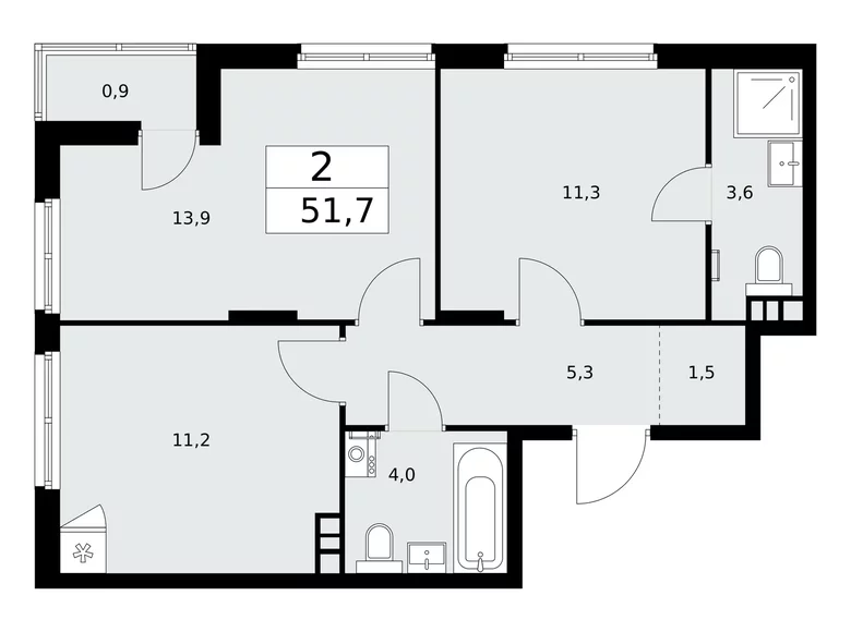 2 room apartment 52 m² poselenie Desenovskoe, Russia