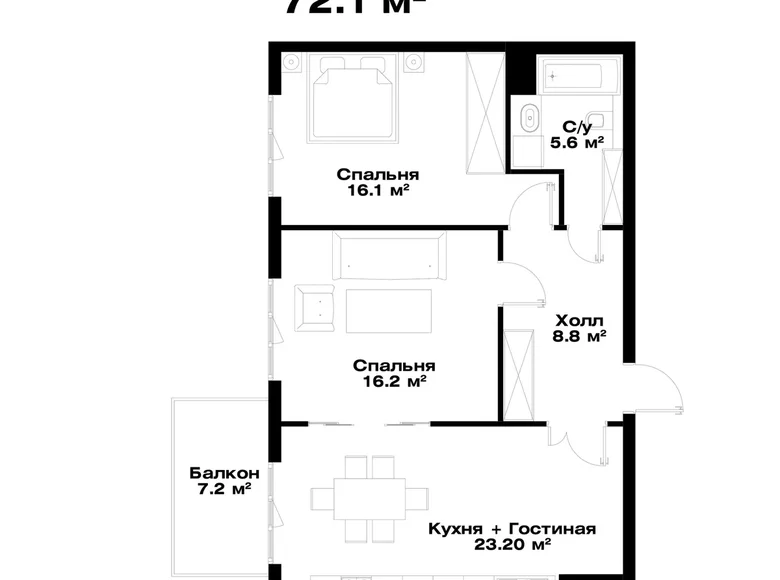 Kvartira 2 xonalar 72 m² Toshkentda