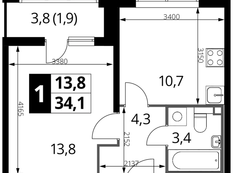 Квартира 1 комната 34 м² район Некрасовка, Россия