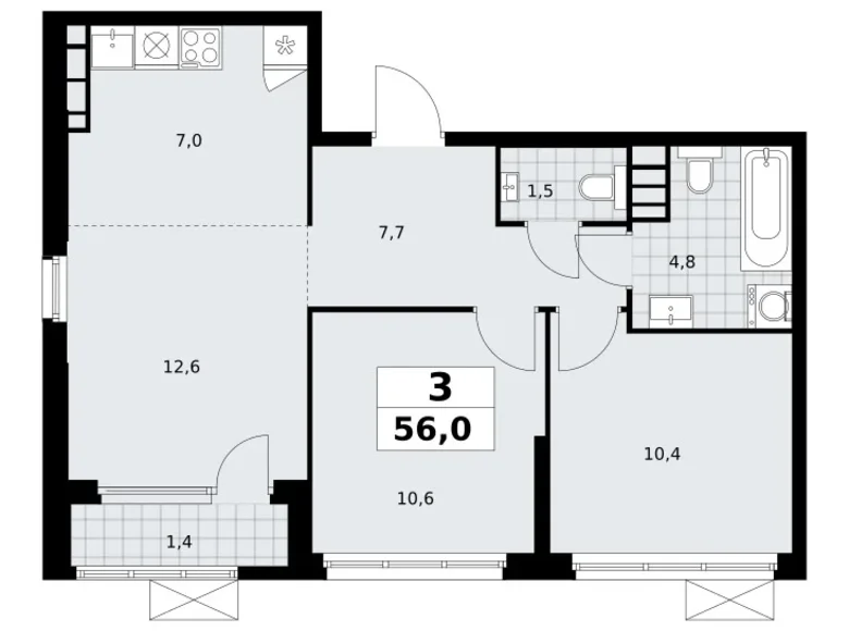 3 room apartment 56 m² South-Western Administrative Okrug, Russia