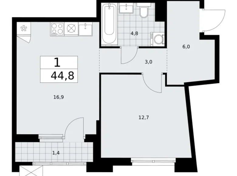 1 room apartment 45 m² Troitsk, Russia