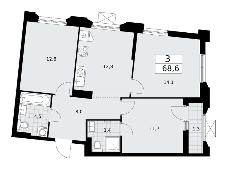 Apartamento 3 habitaciones 69 m² Troitsk, Rusia