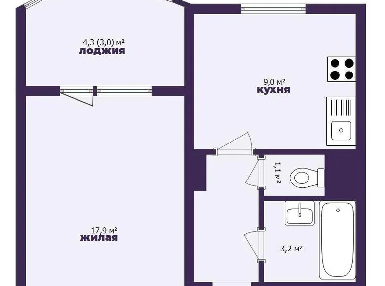 1 room apartment 43 m² Minsk, Belarus