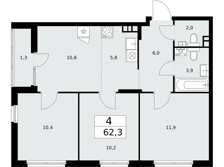 4 room apartment 62 m² poselenie Desenovskoe, Russia