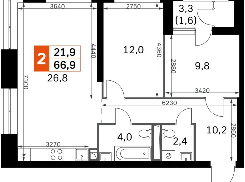 2 room apartment 67 m² Moscow, Russia