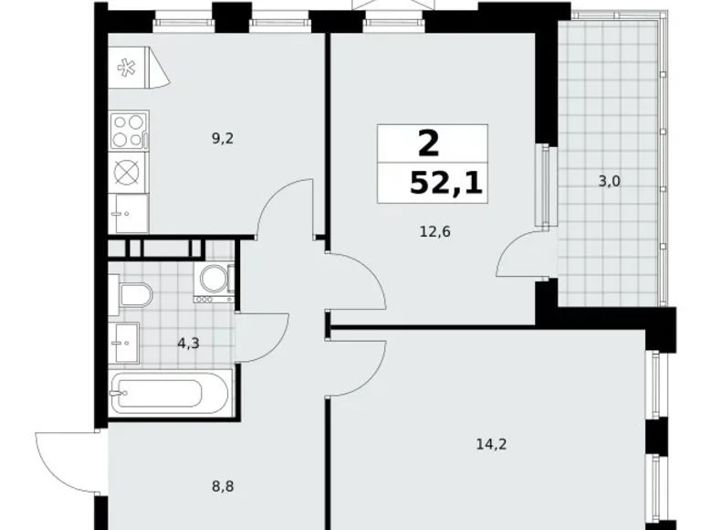 2 room apartment 52 m² Moscow, Russia