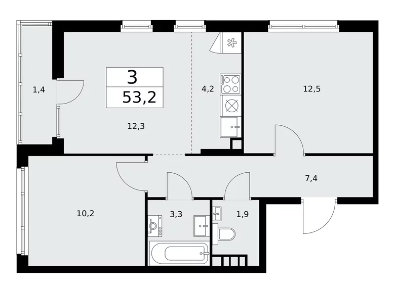 Apartamento 3 habitaciones 53 m² poselenie Desenovskoe, Rusia