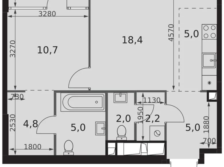 2 room apartment 57 m² Moscow, Russia